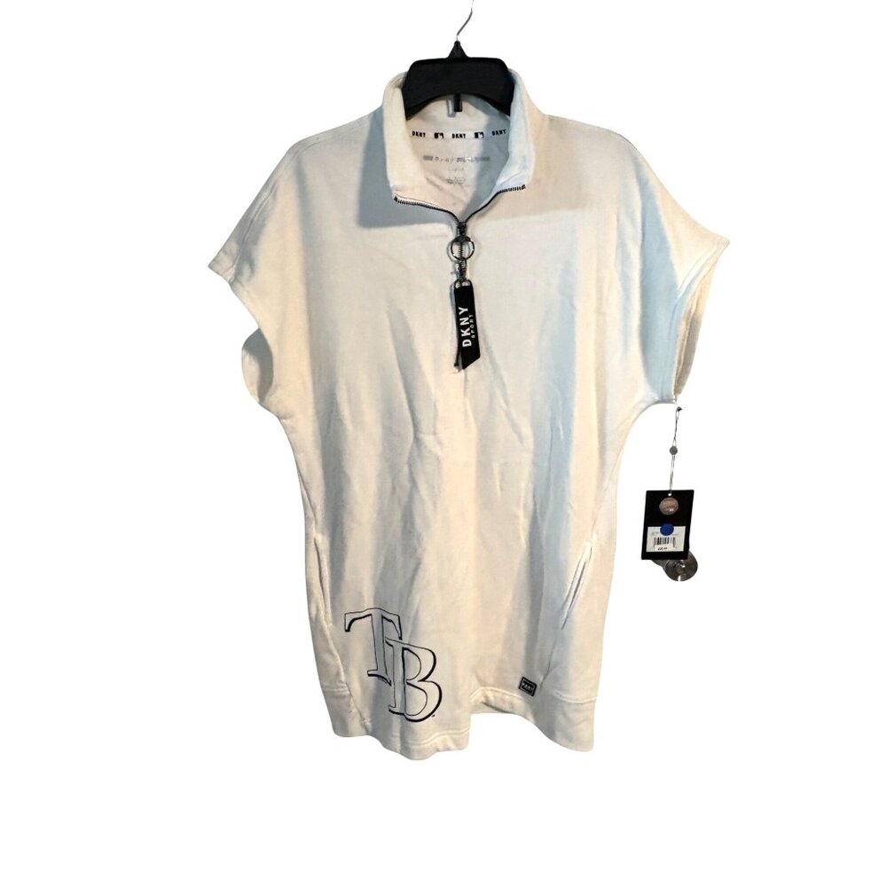 DKNY Sport Tampa Bay Rays Logo White Half Zip Tunic Sweatshirt Shirt Dress Large